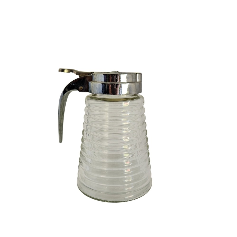 Vintage Clear Glass Syrup Pitcher With Metal Top Pour Spout & Handle